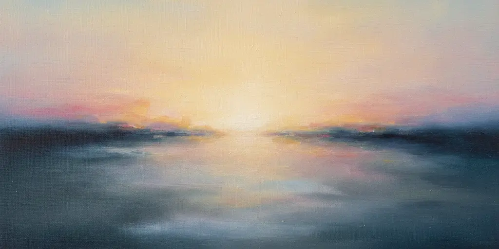 Abstract sunrise over a misty ocean in soft pastels