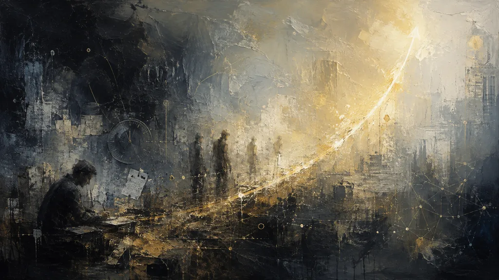Pintura a óleo abstrata de uma figura solitária a uma secretária na penumbra, uma multidão de silhuetas ténues ao fundo, e uma curva dourada de luz a subir sobre uma cidade em rede